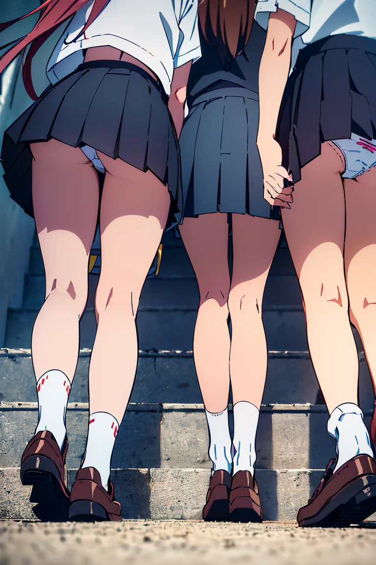 ((highest quality, 8K, RAW photo)), sharp focus 1.5,((Three high school girls lined up))twin tails,ponytail,shortcut,Rear view((Walking down the stairs at the station))((panties 3 people)),(((Low angle check mini skirt)))(((loose socks,loafers)))((from below))((summer shirt))Three people whose skirts are flipped up by the wind