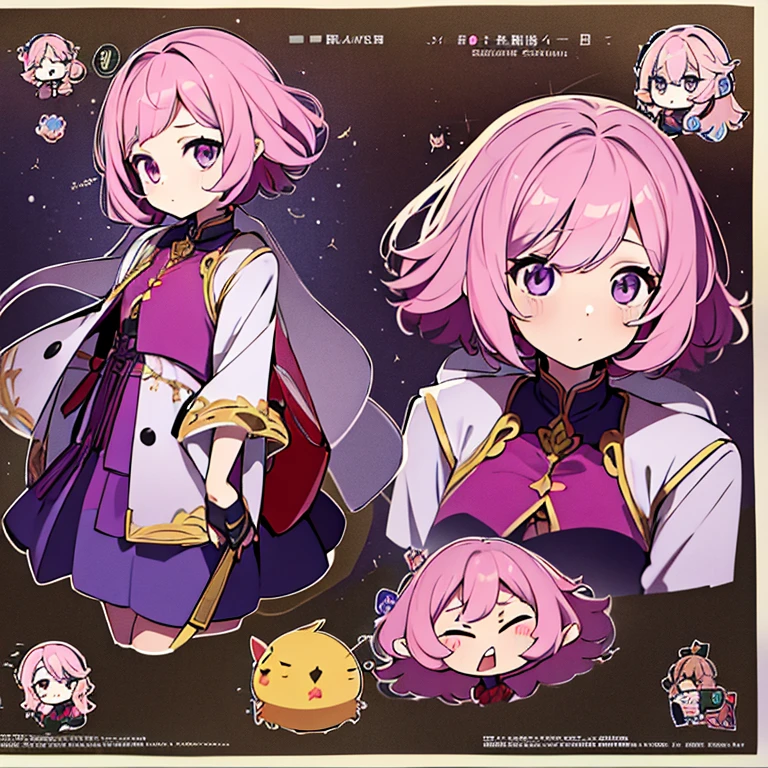 Personagem feminino,cabelo longo,cheio e ondulado de cor castanho escuro, seus olhos castanhos escuro, cor da pele parda, in anime version, de cores das veste branca, with pink and lilac details, em desenho flores, uma personagem feminina estilo anime e uma mestra de bombas Model sheet.