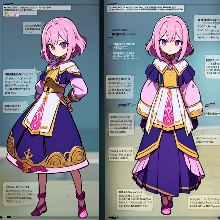 Personagem feminino,cabelo longo,cheio e ondulado de cor castanho escuro, seus olhos castanhos escuro, cor da pele parda, in anime version, de cores das veste branca, with pink and lilac details, em desenho flores, uma personagem feminina estilo anime e uma mestra de bombas Model sheet.