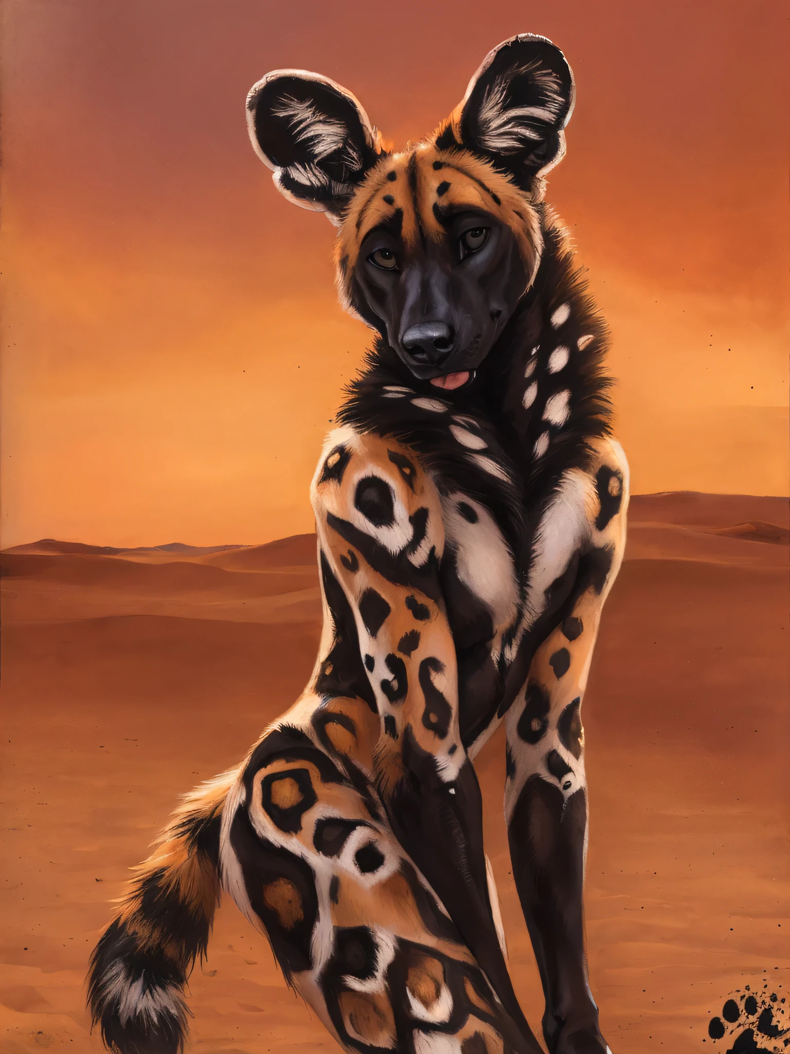 solo, anthro, African Wild Dog, feminine body, submissive, panting, shy, male, shaggy fur, thick fur, tail, beautiful eyes, perfect eyes, symmetrical eyes, (black retinas:1.2), detailed background, sahara desert background, dusk, realistic, photorealistic, ultra realistic, 8k, (by blotch), looking away, shy pose,