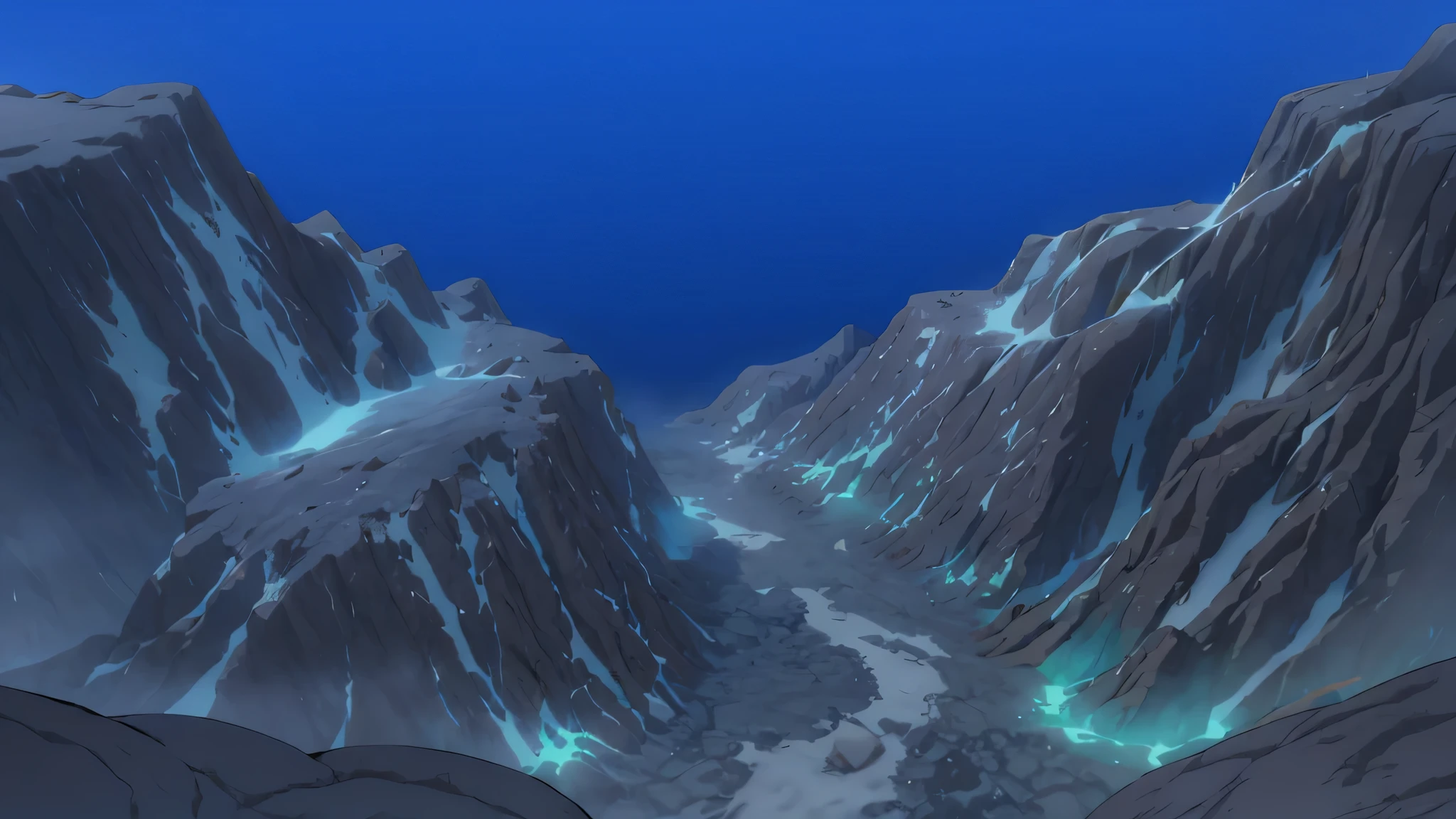 there is a 2D mountain image passing through it, rocky environment, highly detailed terrain, detailed terrain texture, rendered in 2d unity, rocky terrain, detailed terrain, depth map, ground level camera view, cliff, in the game engine , normal map, high-level texture rendering, rendered in the Arnold engine, icy road on a lava planet2 2D style anime.