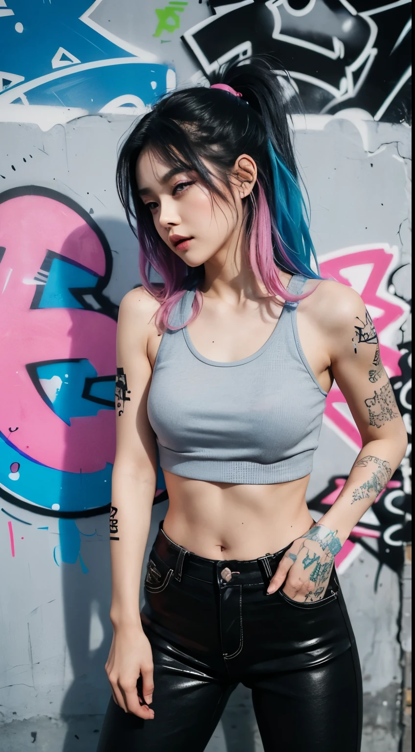 best quality, Clarity, 4k, 8k, detail, actual, Beautiful Girl, Korean makeup, black lips, pink and blue medium mullet hair, Perfect six pack body, full tattoo on body, stand, pose standing, medium chest, tank top, black legging Pants, holding m4a1, Solid graffiti wall background, Graffiti art,