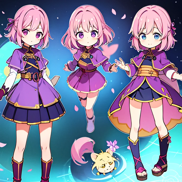 Personagem feminino,cabelo longo,cheio e ondulado de cor castanho escuro, seus olhos castanhos escuro, cor da pele parda, in anime version, de cores das veste branca, with pink and lilac details, em desenho flores, uma personagem feminina estilo anime e uma mestra de bombas Model sheet.