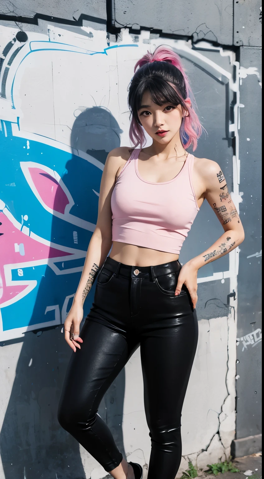 best quality, Clarity, 4k, 8k, detail, actual, Beautiful Girl, Korean makeup, black lips, pink and blue medium mullet hair, Perfect six pack body, full tattoo on body, stand, pose standing, medium chest, tank top, black legging Pants, holding m4a1, Solid graffiti wall background, Graffiti art,