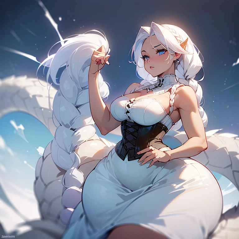 (((I want a woman alone, fair skin, white hair with braids, cold blue eyes, slightly curvy body, medium breasts, wearing a white dress with corset, next to a dragon)))