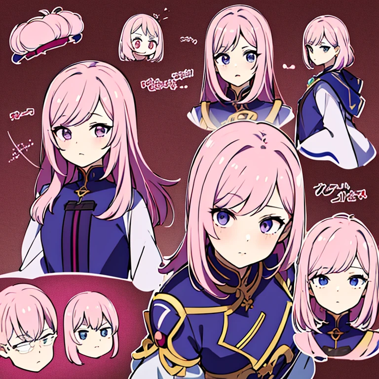 Best illustrations、Best Quality、(Character Sheet:1.3),(The same face:1.1),(One girl、23 years old),Dynamic pose,Medieval Fantasy,accessories,Magic wand,(White Background)、(Pink Hair、Shortcuts、Curly hair)、(Brown witch outfit、pants)