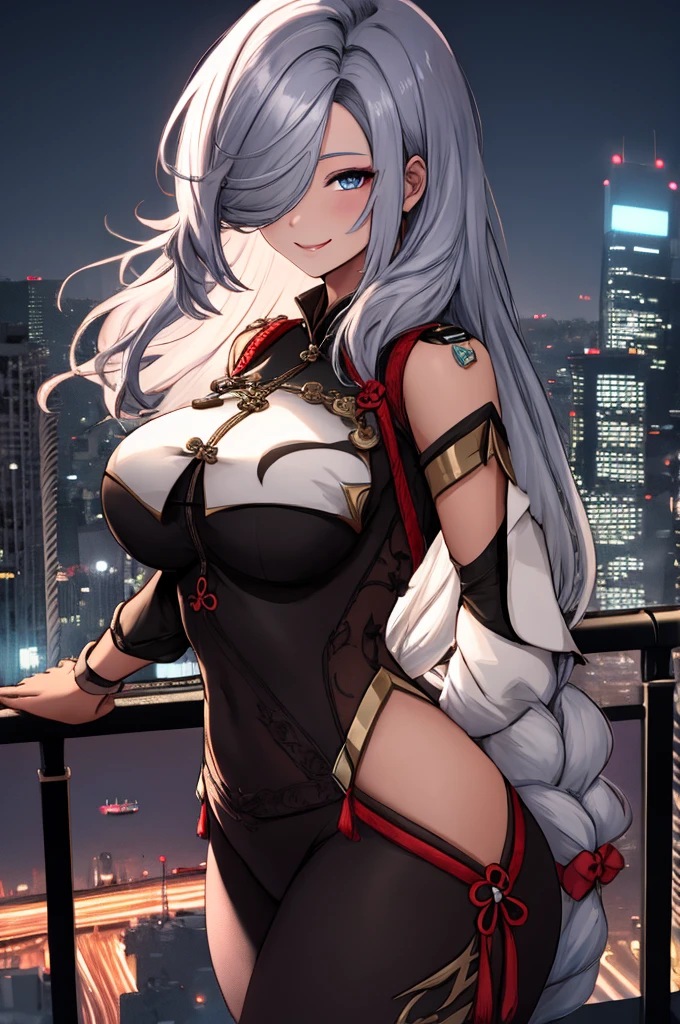 Shenhe, tight outfit, voluptuous, seductive, 1girl, smiling, hair over one eye,night city view,  realistic, best quality, masterpiece, ultra detail, ultra high res, extreme detail, 8k