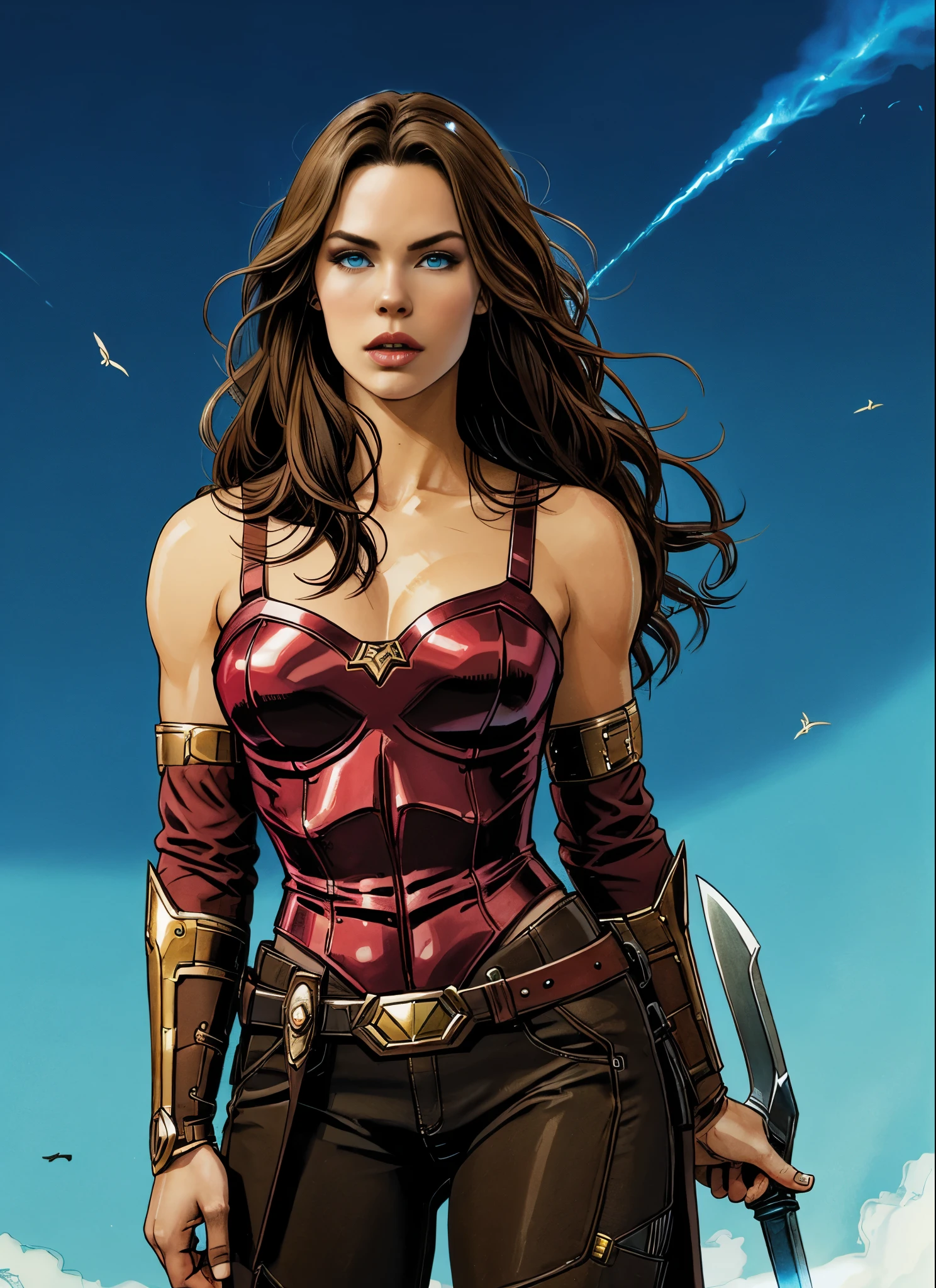 Alison Tyler as a Asgard valkyrie，blue eyes, long brown hair, perfect body, Senhora Cavaleiro，Anatomia correta，holding a magical big sword, epic fantasy digital art, masterpiece，8k，high-definition resolution，desenho detalhado，Qualidade Superior，, Epic composition