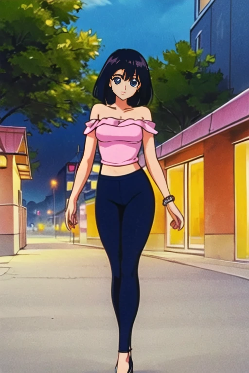 beautiful, masterpiece, best quality, 1 girl, solo, black  hair, short hair, bob hair, bare neck, bare shoulders, blue eyes, medium breast, orange ruffle off the shoulder top, orange strapless shirt, belly button, thin waist, blue leggings, black high heels, walking, candles, Mexican Village background