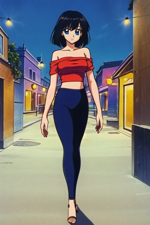 beautiful, masterpiece, best quality, 1 girl, solo, black  hair, short hair, bob hair, bare neck, bare shoulders, blue eyes, medium breast, orange ruffle off the shoulder top, orange strapless shirt, belly button, thin waist, blue leggings, black high heels, walking, candles, Mexican Village background