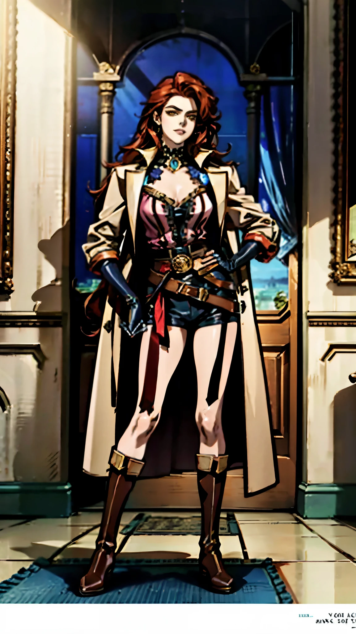 A beautiful woman with flowing orange long hair, exquisite facial features, a playful smile, confident eyes, a tall figure, a two-piece fantasy-style pirate robe coat, yellow as the main color, complemented by red accents, long wrist guard gloves on her hands, a gold belt around her waist with a short hem, leather pants, knee-high boots, standing with her hands on her hips in front of a fantasy medieval-style port tavern, this character embodies a finely crafted fantasy-style female pirate in anime style, exquisite and mature manga art style, retro artstyle, high definition, best quality, highres, ultra-detailed, ultra-fine painting, extremely delicate, professional, anatomically correct, symmetrical face, extremely detailed eyes and face, high quality eyes, creativity, RAW photo, UHD, 8k, Natural light, cinematic lighting, masterpiece-anatomy-perfect, masterpiece:1.5
