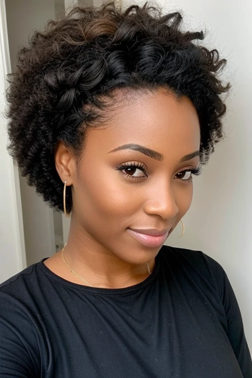 ((meilleure qualité)), cheveux bouclés, visage parfait, femme africaine, réaliste, cheveux longs et ondulés