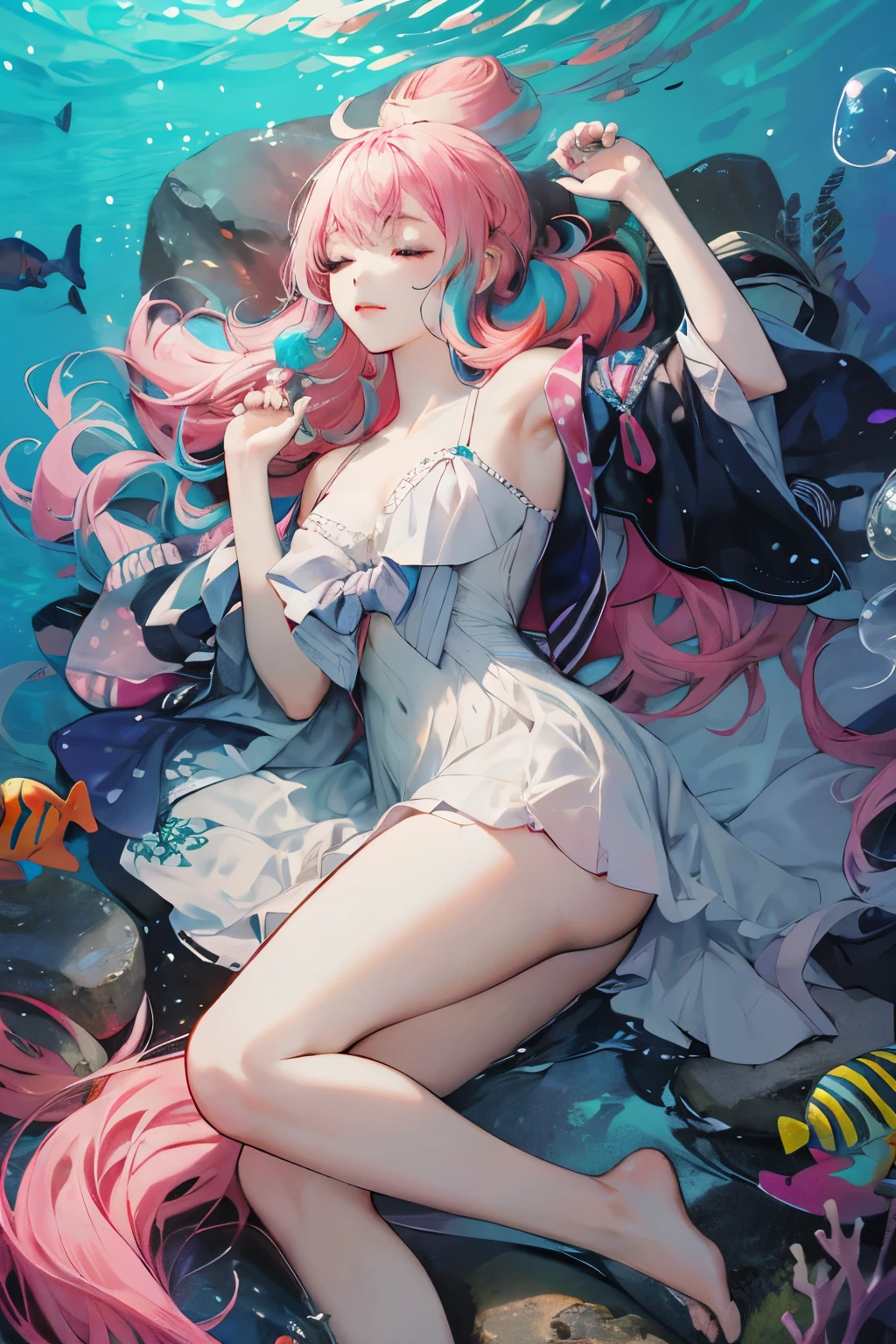 （（upscale，16k，masterpiece：1.3）），（beautiful woman，，Sleep at the bottom of the sea，dark ocean landscape，white dress），pink and green，colorful，flowing hair，(high saturation),(colorful splash),Colorful bubbles,(shining)，Lying on a large rock
