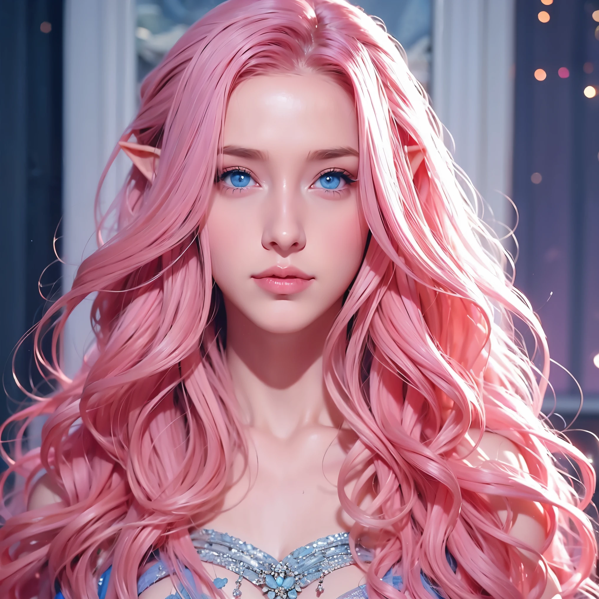 Woman, long curly hair, pink hair, blue eyes, elf, queen