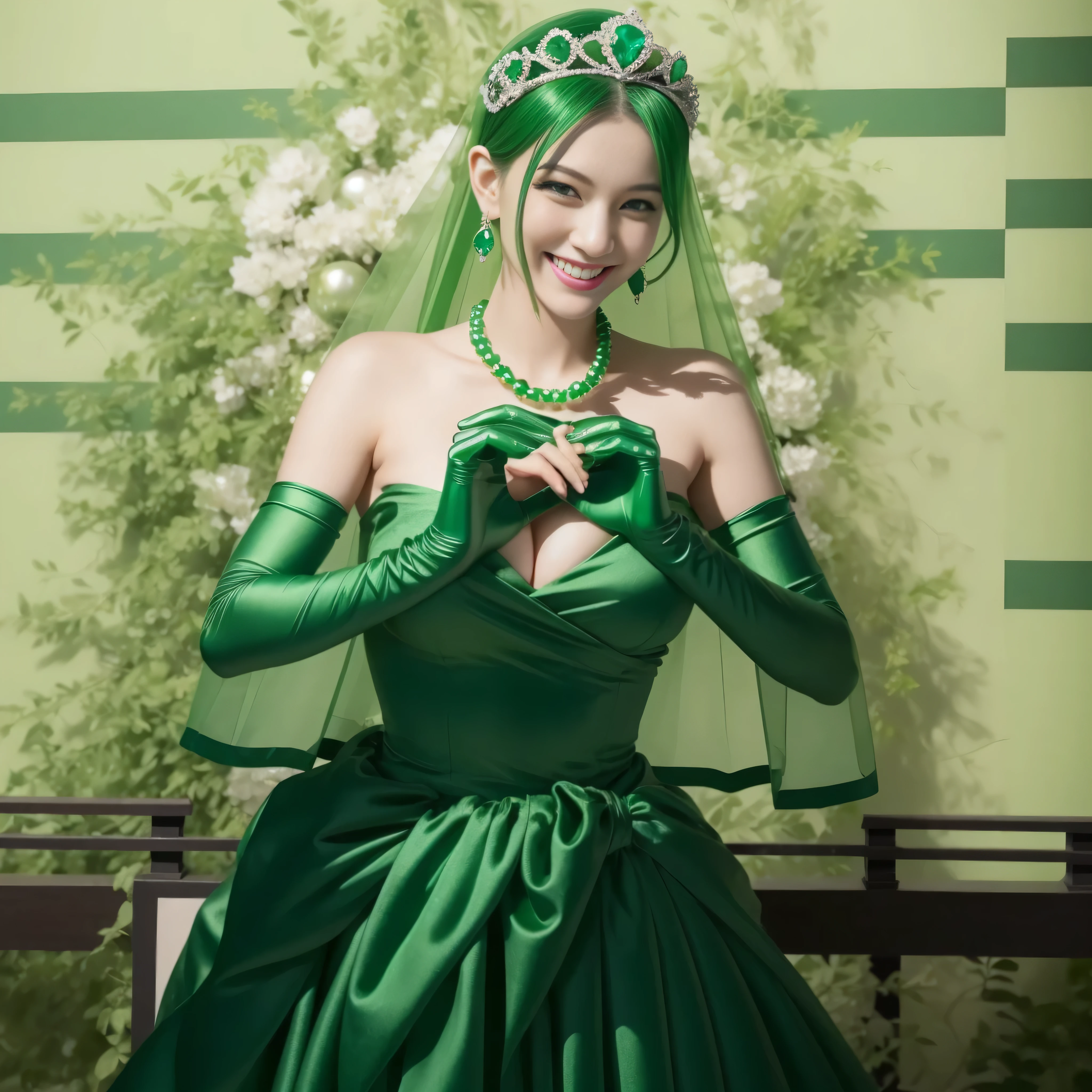 emerald tiara, green pearl necklace, ボーイッシュな非常に短いgreen hair, lipstick, smiling Japanese woman, very short hair, Beauty with large breasts, green eyes, Long Green Satin Gloves, green eyes, emerald earrings, green veil,heart hand, green hair