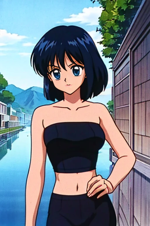 beautiful, masterpiece, best quality, 1 girl, solo, black hair, short hair, bob hair, bare neck, bare shoulders, blue eyes, medium breast, orange ruffle off the shoulder top, orange strapless shirt, belly button, thin waist, blue leggings, upper body, walking, Mexican Village background