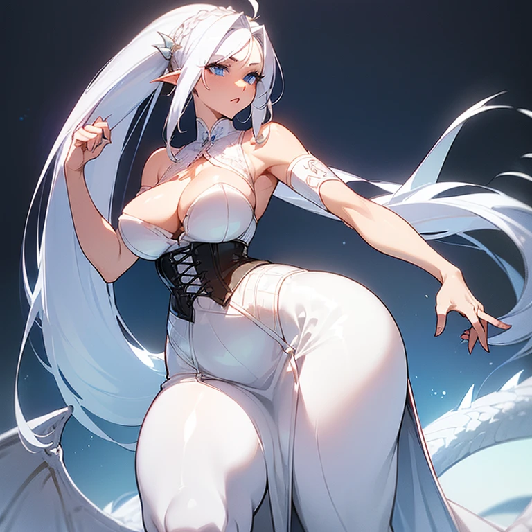 (((I want a woman alone, fair skin, long white hair with a hairstyle, cold blue eyes, slightly curvy body, medium breasts, wearing a white dress with corset, next to a dragon)))