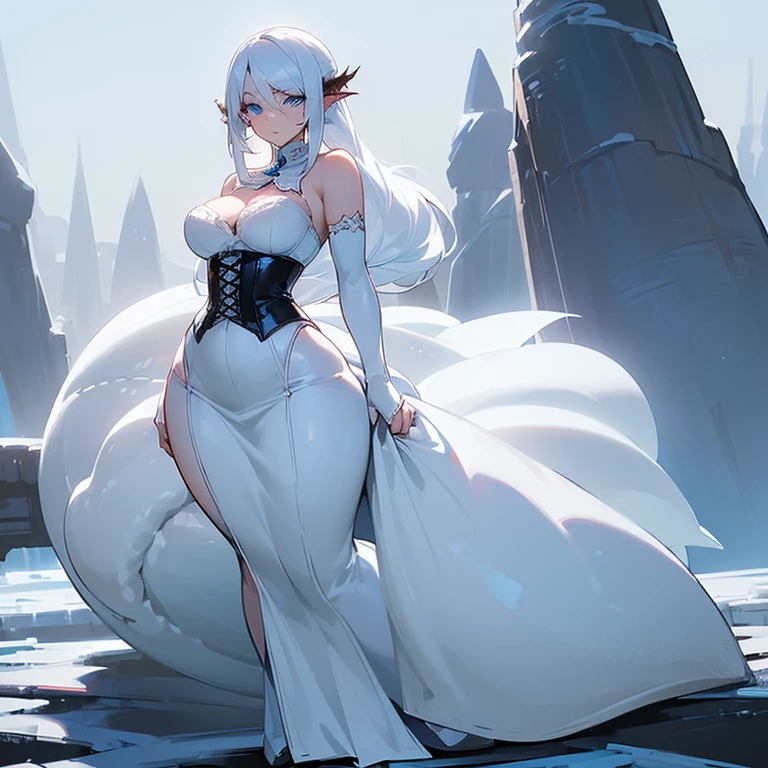 (((I want a woman alone, fair skin, long white hair with a hairstyle, cold blue eyes, slightly curvy body, medium breasts, wearing a white dress with corset, next to a dragon)))