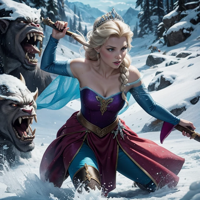 Princess elsa fighting a horde of orcs