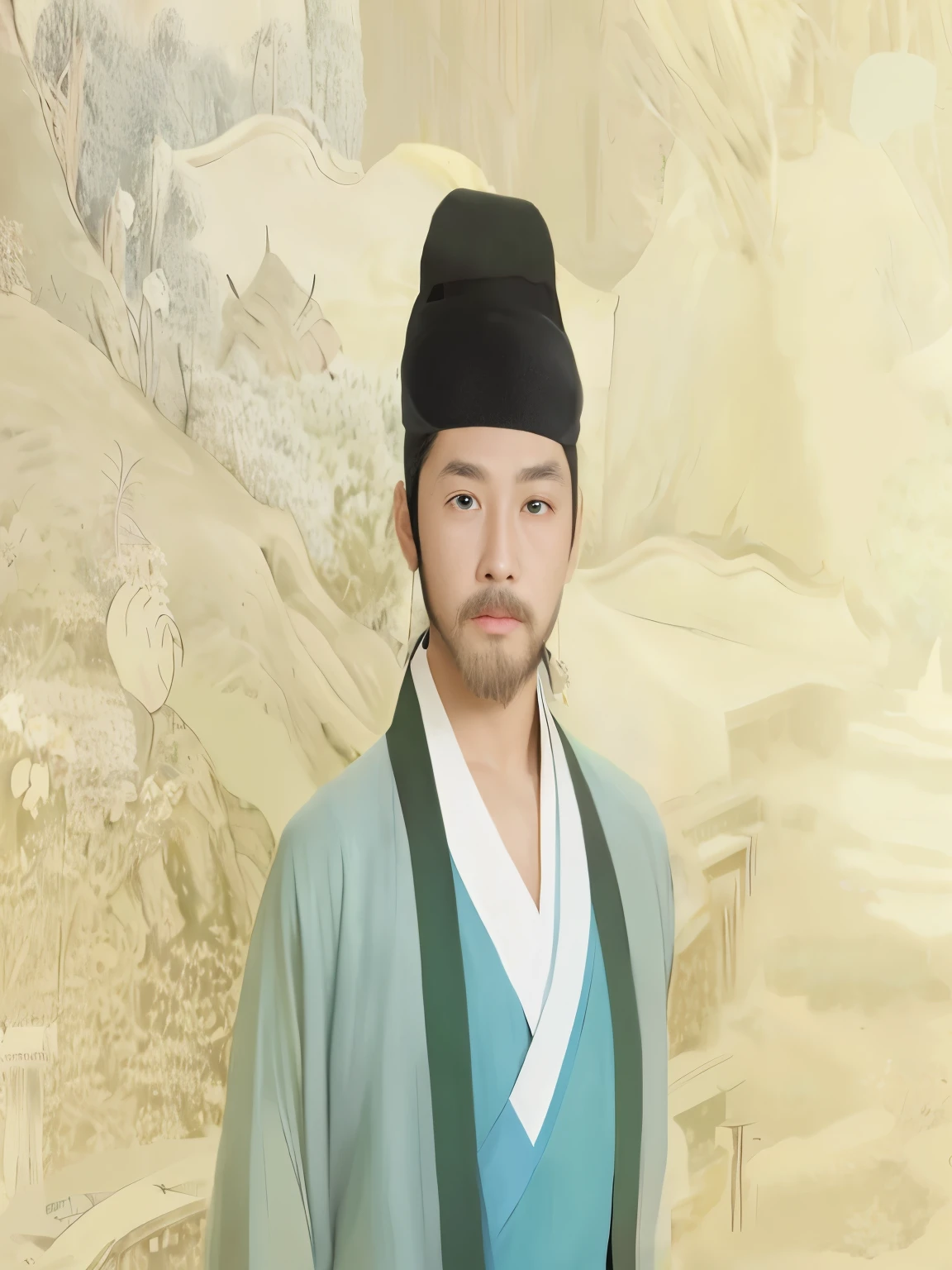 with a beard、Wearing a blue gown、Alafidian man wearing a black hat, Portrait of Liu Yuxi，wearing chinese clothes, inspired by Wu Daozi, zhang daqian, feng shu, Inspired by Dong Yuan, inspired by Guan Daosheng, Inspired by Gu An, Inspired by Shin Saimdang, style of guo hua, Inspired by Emperor Xuande