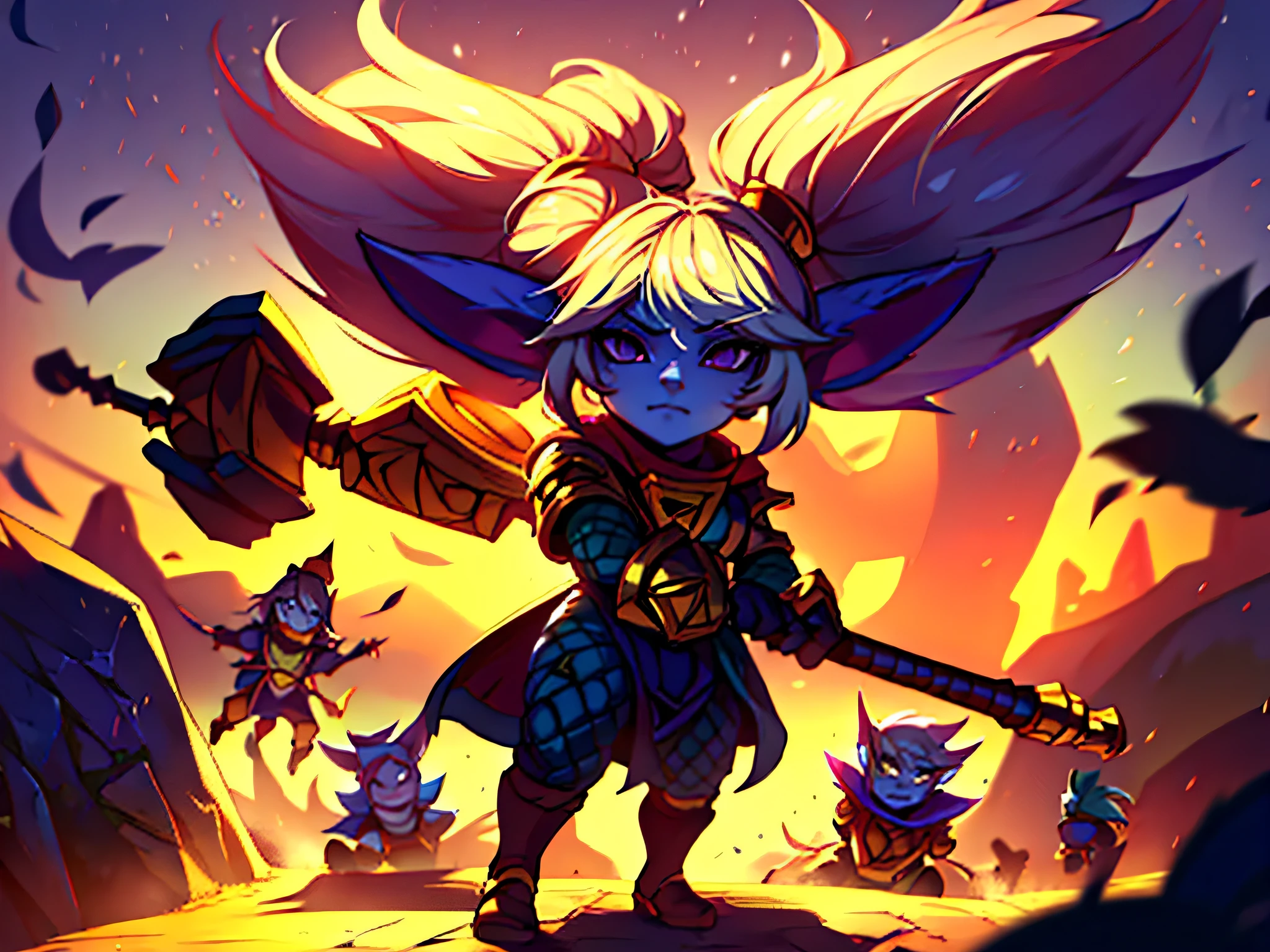 Tristeza no olhar, there's one with blonde hair and a blue face holding a gigantic hammer, poppy, fofa, yordle, arte oficial splash, Estilo de arte de League of Legends, de League of Legends, Arte estilo League of Legends, iconic character splash art, arte de splash do personagem, Astri Lohne, Arte do personagem de League of Legends, Personagem de League of Legends, fantasia estilo de arte hearthstone, campo de batalha, brava e fofa, forte,/cores predominantes roxo e preto