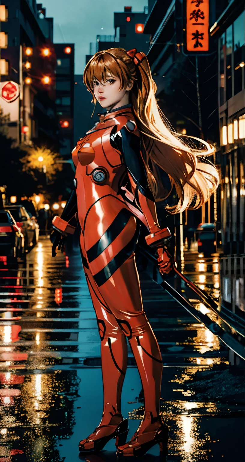 best quality, masterpiece, realistic, photorealistic, 1girl, solo, looking at viewer, full body, standing, long hair, asuka cosplay costume, cosplay, plugsuit, bodysuit, hair ornament, detailed background, in street, night, light, rain, 