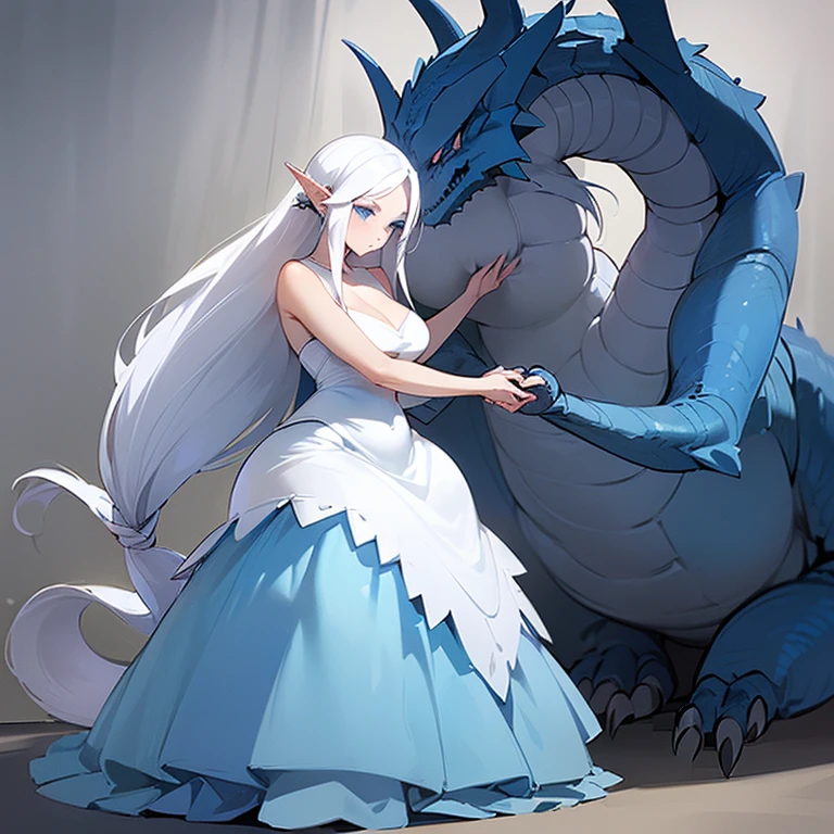 (((I want a woman alone, fair skin, long white hair with a hairstyle, cold blue eyes, slightly curvy body, medium breasts, wearing a pretty dress while stroking a dragon)))