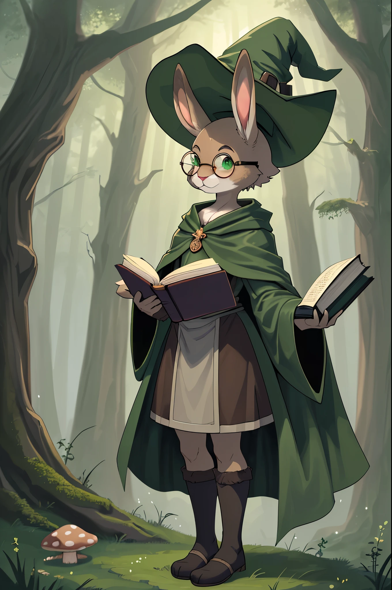 all dark brown rabbit, furry, green eyes, cottage core, stoic, large witch hat with rabbit ears poking through, large grey round glasses, moss green cloak, mushrooms on hat, bunny character design, rabbit ears, wearing wizard robes with no shoes, tall, no hair, holding a book, located in grassy plains, bald, rabbit snout, brown fur face