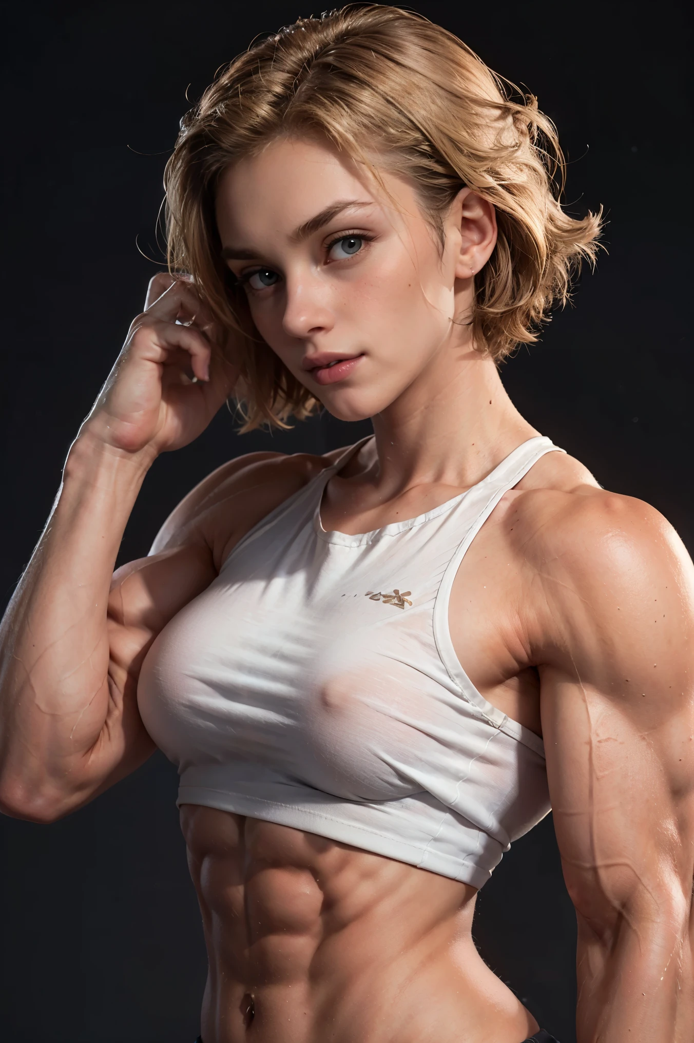 (Muscular:1.1), blonde female, bokeh, (freckles:0.8), upper body view, bokeh, detailed eyes, (athletic body:1.0), (muscular body:1.3), (looking at viewer) (Bulky:1.1), (swaggy), dark studio, rim lighting, two tone lighting, dimly lit, low key (DETAILED SKIN), bob cut, white top, tight top, excited, looking down at viewer