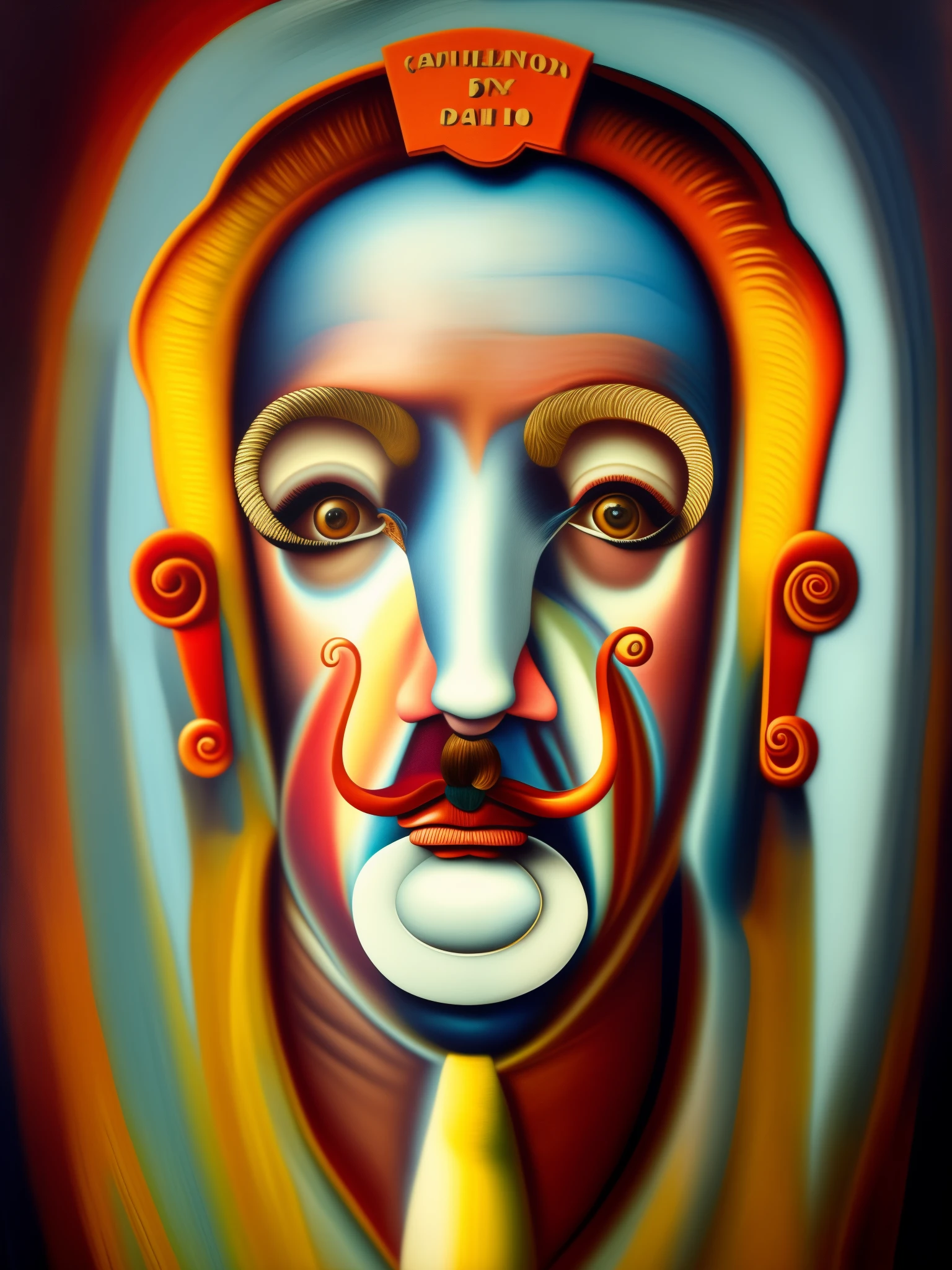 The painting is of a man with a mustache、Man with mustache in mouth,goat facial features, inspired by Salvador Dali, dali style, inspired by Salvador Dali, Inspired by Salvador Dali, no estilo do Salvador Dali, Detailed face with mustache, surrealist portrait, Inspired by Oswaldo Guayasamín