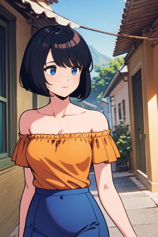 beautiful, masterpiece, best quality, 1 girl, solo, black hair, short hair, bob hair, bare neck, bare shoulders, blue eyes, medium breast, orange ruffle off the shoulder top, orange strapless shirt, belly button, thin waist, blue leggings, upper body, walking, nightfall, Mexican Village background