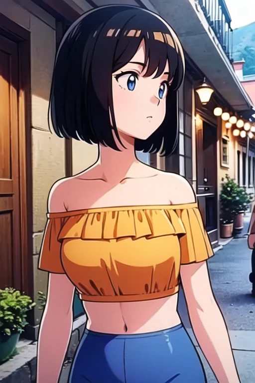 beautiful, masterpiece, best quality, 1 girl, solo, black hair, short hair, bob hair, bare neck, bare shoulders, blue eyes, medium breast, orange ruffle off the shoulder top, orange strapless shirt, belly button, thin waist, blue leggings, upper body, walking, nightfall, Mexican Village background