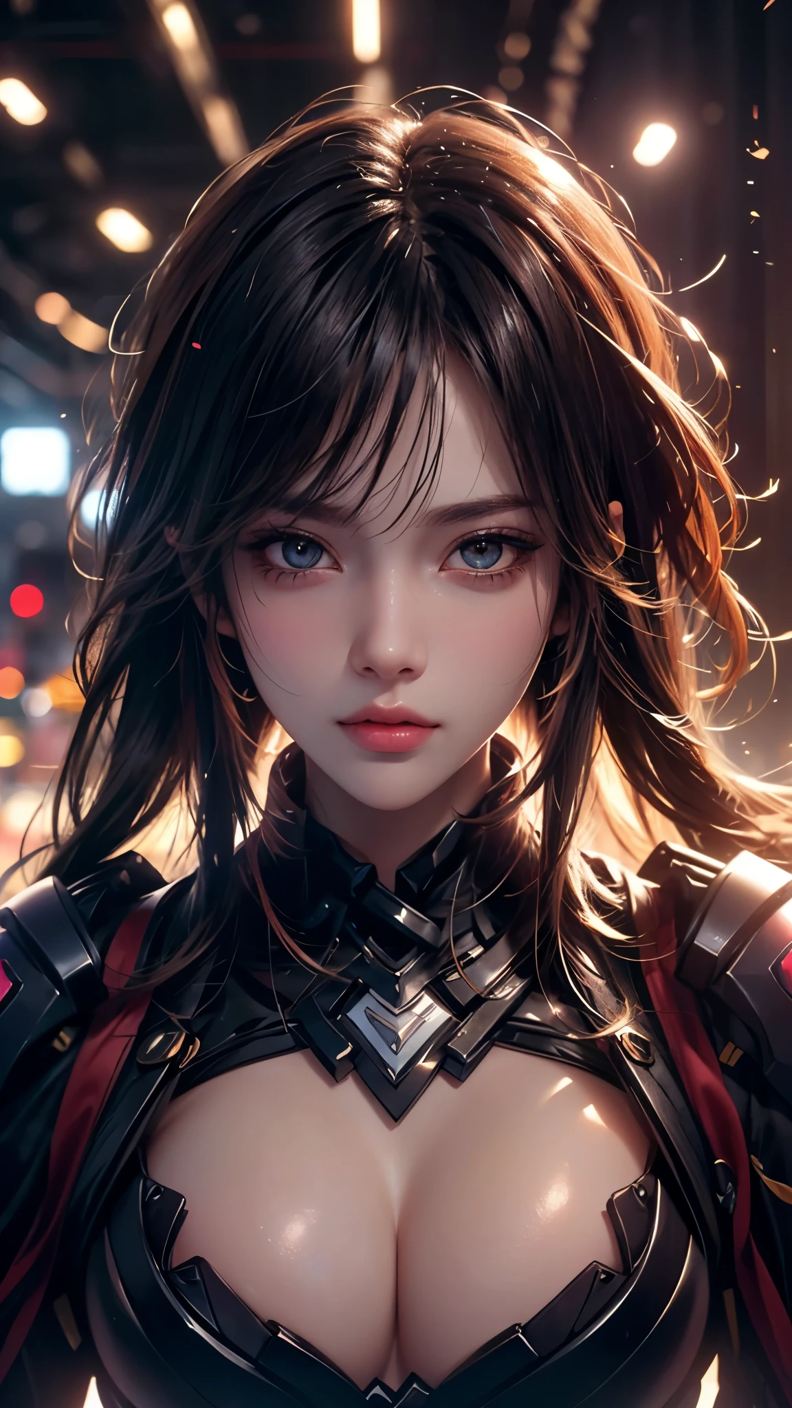 (UHD, retina, masterpiece, accurate, anatomically_correct, textured_skin, super_detail, high_details, high_quality, best_quality, high_res, 1080P, HD, 4K, 8k, 16k), (beautiful_detailed_eyes, beautiful_detailed_lips, extremely_detailed_eyes_and_face), soft_lighting, physically-based_rendering, vivid_colors, (large_breasts:1.5), (shiny_hair, shiny_skin, tanned_skin, blush), (bangs:1.5), eye_reflection, (bokeh),