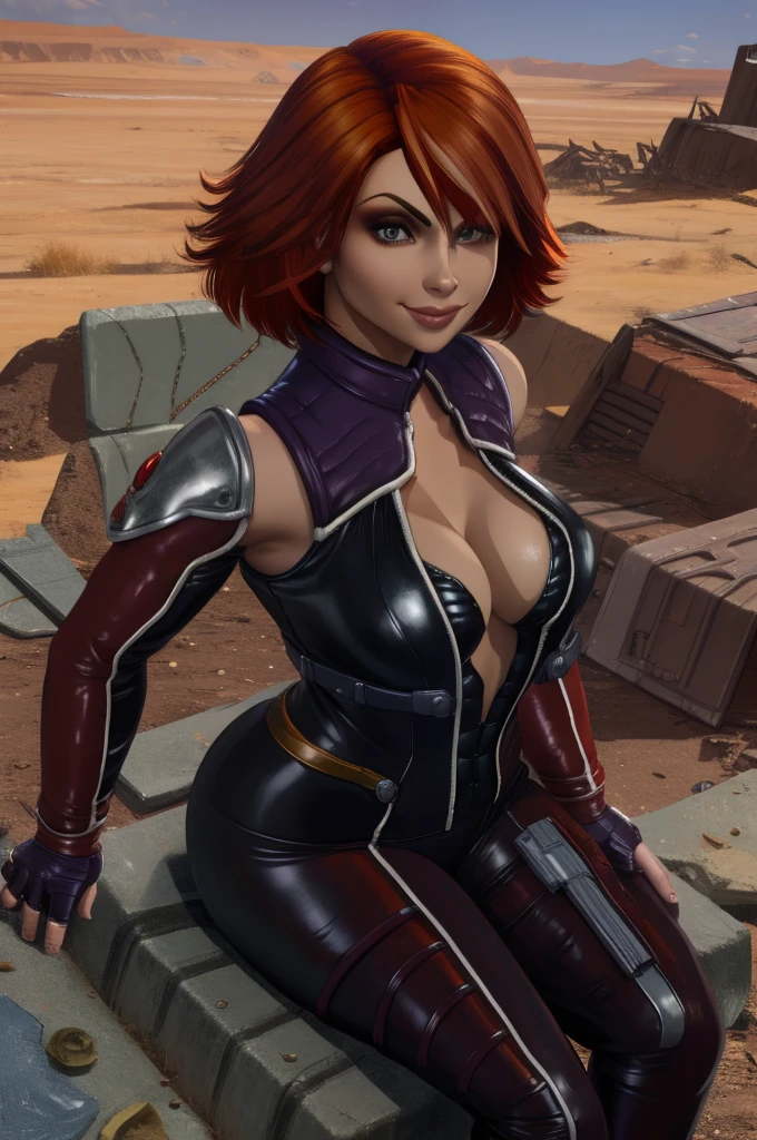 Mamiya, red hair,  brown eyes, 
shoulder pads, leather leotard,  cleavage, long sleeves, fingerless gauntlets,  hips, 
solo, sitting,  smile,  cowboy shot,  metal chair, 
wasteland, junk yard, 
(insanely detailed, beautiful detailed face, masterpiece, best quality),     