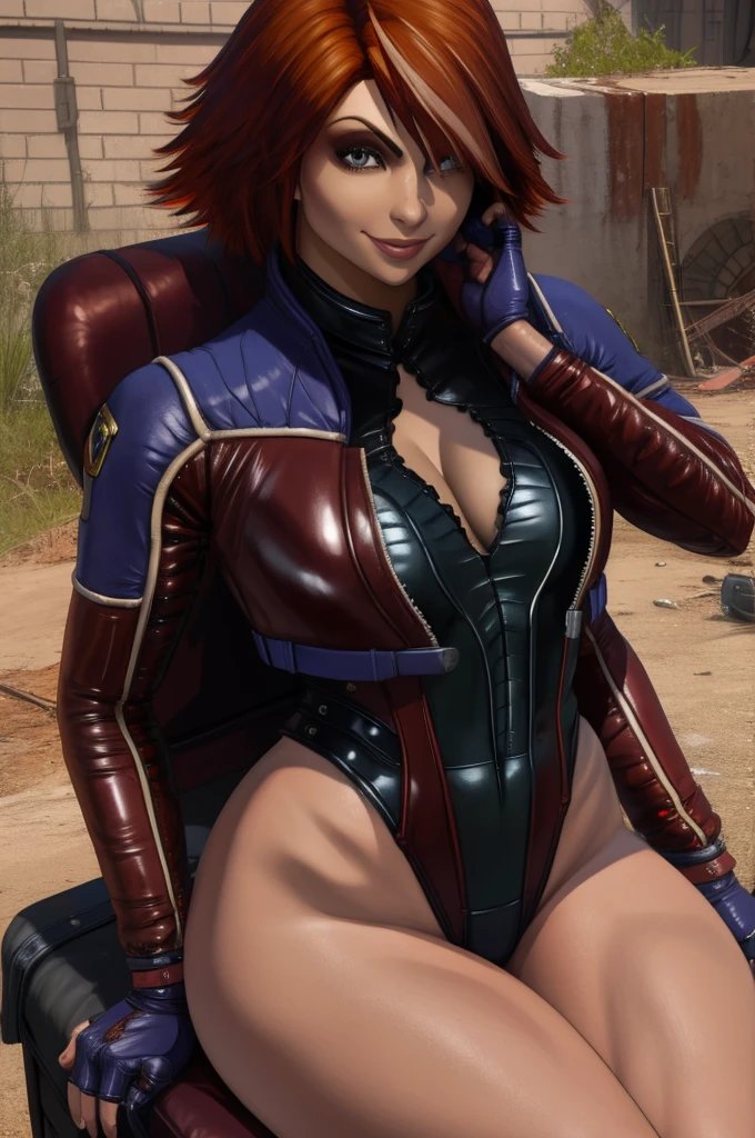 Mamiya, red hair,  brown eyes, 
shoulder pads, leather leotard,  cleavage, long sleeves, fingerless gauntlets,  hips, 
solo, sitting,  smile,  cowboy shot,  metal chair, 
wasteland, junk yard, 
(insanely detailed, beautiful detailed face, masterpiece, best quality),     