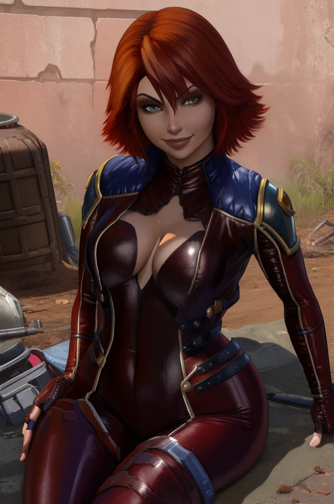 Mamiya, red hair,  brown eyes, 
shoulder pads, leather leotard,  cleavage, long sleeves, fingerless gauntlets,  hips, 
solo, sitting,  smile,  cowboy shot,  metal chair, 
wasteland, junk yard, 
(insanely detailed, beautiful detailed face, masterpiece, best quality),     