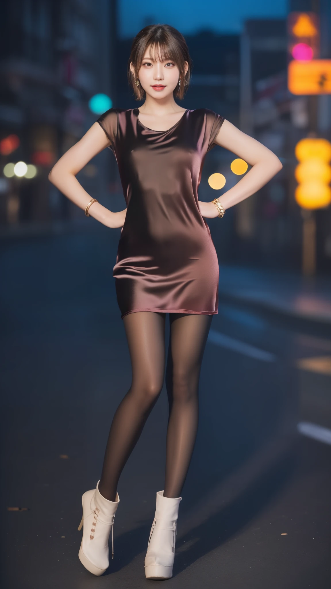 8K, table top, RAW photo, highest quality, realistic, Highly detailed CG Unity 8K wallpaper, Depth of bounds written, cinematic light, Lens flare, ray tracing, (very beautiful face, beautiful lips, beautiful eyes), face with intricate details, ((super dense skin)) 1 girl, in the dark, deep shadow, cute korean girl, Flashy makeup with red eyeshadow，her shortcut, Delicate light brown hair is slightly disheveled with side waves.，wearing large ring earrings，K-POP idol, 1 girl, (very slim and slender fit muscular body:1.3), ((looking at the viewer)),(big smile:1.3),  (sleeve fashion city night, Hand Precise，dark night, (neon sign), (blurred background), fashion street night),(no people in the background:1.3), beautiful earrings, bracelet, necklace, pantyhose, clear eyes, walk, (white skin), (big eye ace forward, ((upper body shot)), ((super mini color silk dress:1.3)),(brown hair),((tight fit lace dress)), (See through), open chest, very slim, medium breasts, backtracking,((buckshot)), See through, Medium Butt, Ultra Super Mini Skirt, updo hair, 