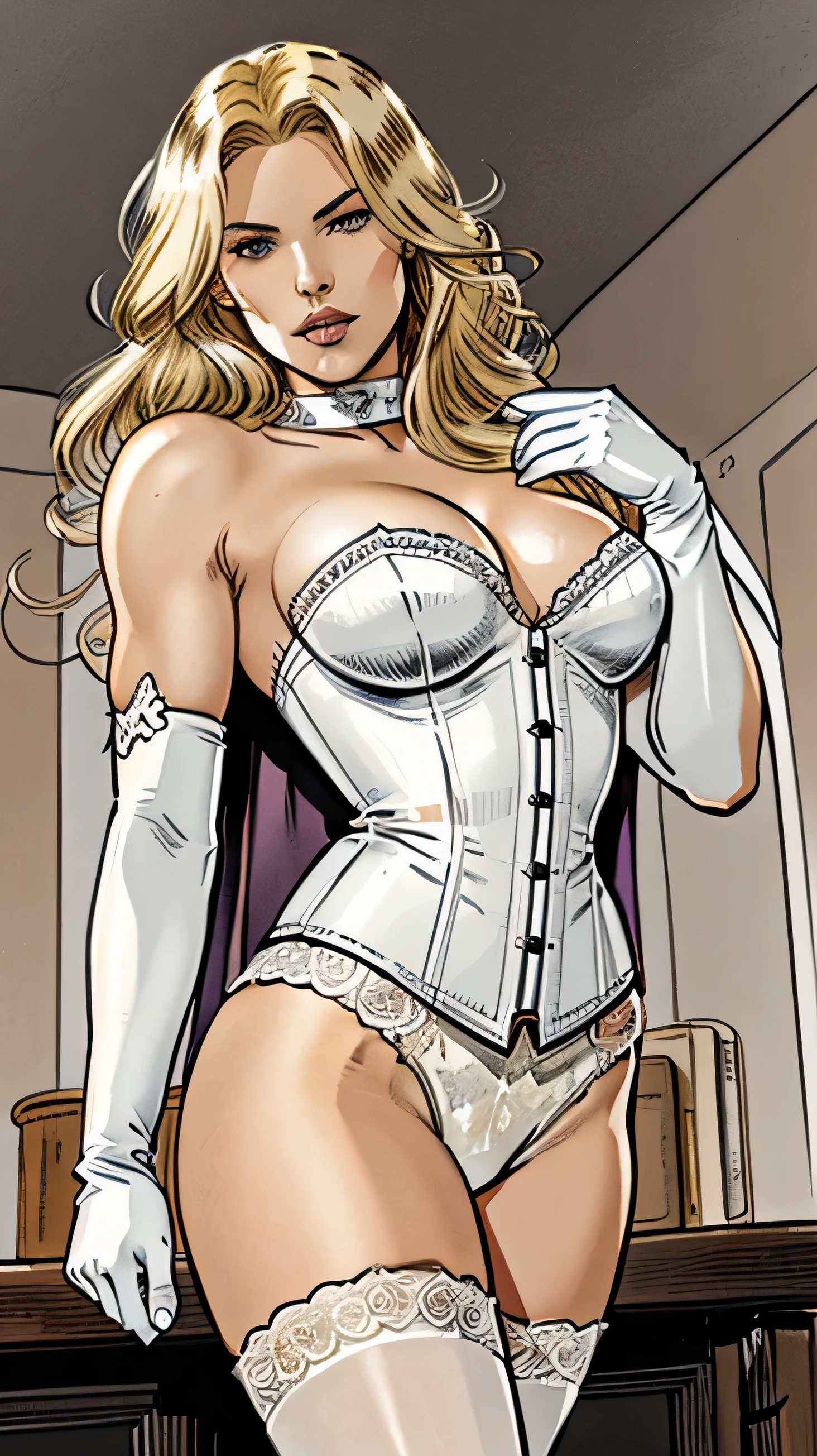 emma frost, life, a corset, gloves, thigh high, e.g, open shoulders, blonde hair, long hair, Blue eyes, cowboy shot, Looking at the viewer, More_details:1, big breasts, Full body view, The White Queen, ultra quality, Ultra resolution, ray tracing, provocative pose