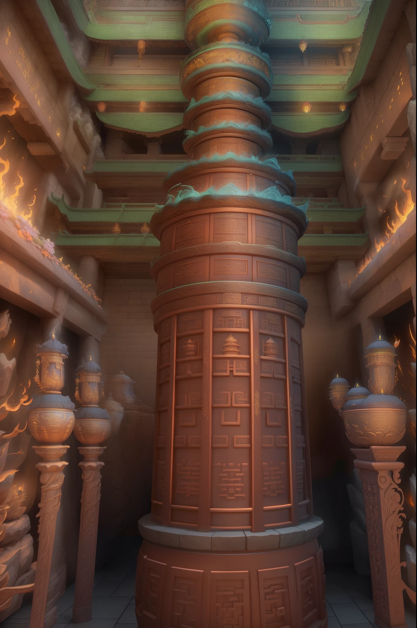 Intricate underground palace,mechanisms,ingenious design,ornate decorations,everlasting flames,myriad of burial objects,mysterious creatures,maze of the dragon's tomb,Qin Shi Huang's mausoleum,Terracotta Army,Mercury river,levitating palace,(best quality,4k,8k,highres,masterpiece:1.2),ultra-detailed,(realistic,photorealistic,photo-realistic:1.37),HDR,UHD,studio lighting,ultra-fine painting,sharp focus,physically-based rendering,extreme detail description,professional,vivid colors,bokeh,landscape,wispy color tones,warm lighting