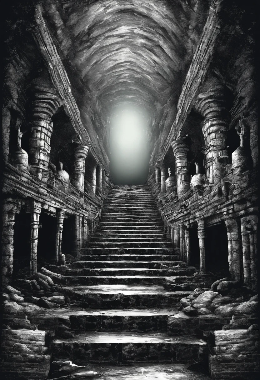 黑暗幻想Art。Art,Archeology Oriental Tomb,mysterious underground cave,Underground ruins,dungeon,Dark and damp underground tomb,hall with rough stone pillars,Mysterious symbols on the stone wall,The dim candlelight swayed gently,Tomb passage,