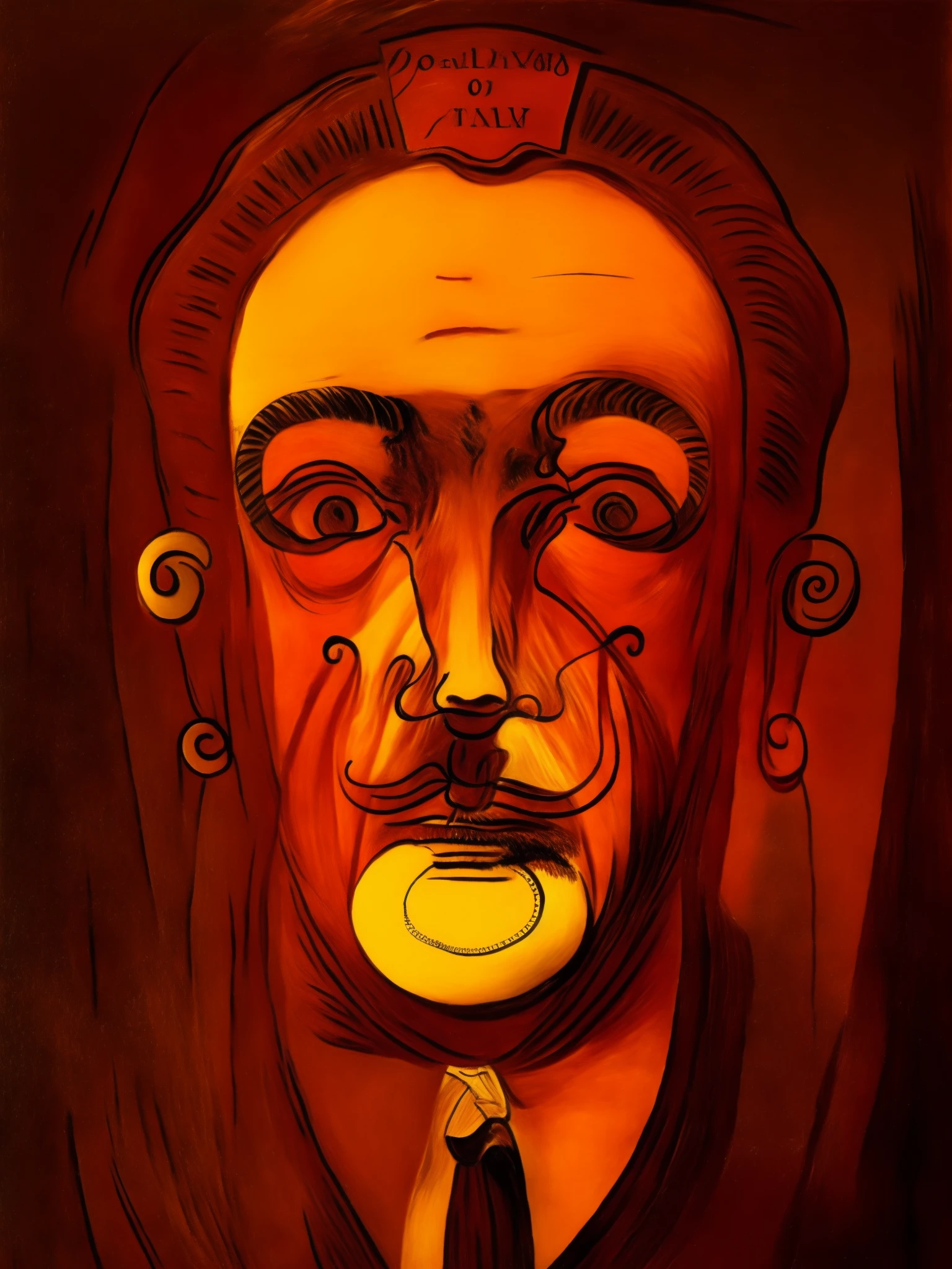 The oil painting is of a man with a mustache、Man with mustache in mouth, salvador dali style, inspired by Salvador Dali, dali style, inspired by Salvador Dali, Inspired by Dali, in no estilo do Salvador Dali, dali style, Inspired by Salvador Dali, no estilo do Salvador Dali, Detailed face with mustache, surrealist portrait, Inspired by Oswaldo Guayasamín
