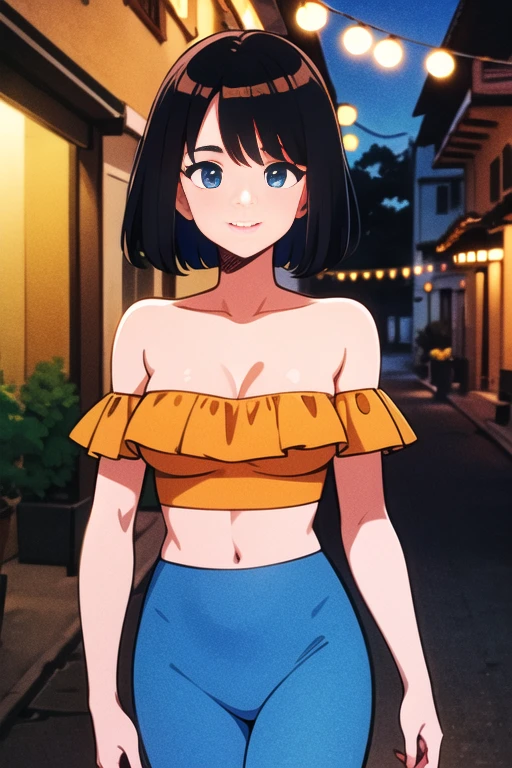beautiful, masterpiece, best quality, 1 girl, solo, black hair, short hair, bob hair, bare neck, bare shoulders, blue eyes, medium breast, orange ruffle off the shoulder top, orange strapless shirt, belly button, thin waist, blue leggings, smile, looking at the viewers, seductive, upper body, walking, nightfall, Mexican Village background
