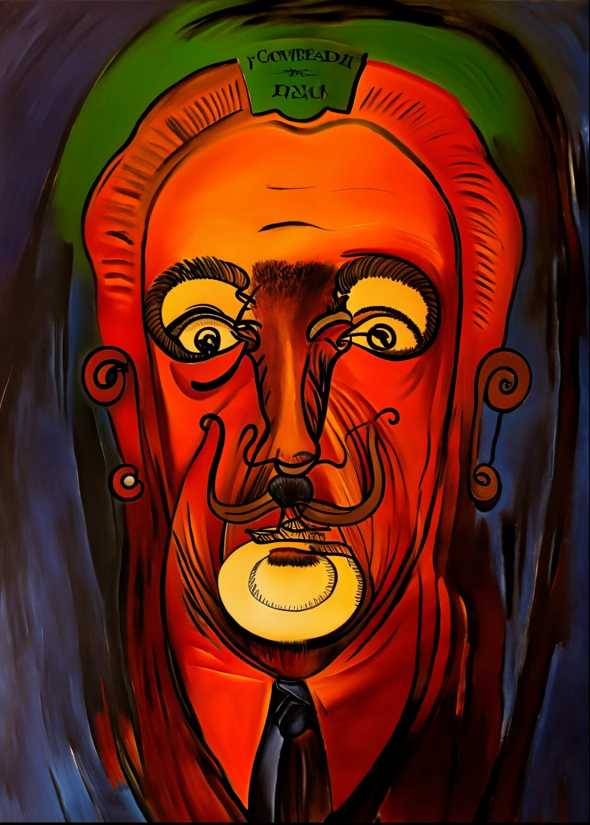 The oil painting is of a man with a mustache、Man with mustache in mouth, salvador dali style, inspired by Salvador Dali, dali style, inspired by Salvador Dali, Inspired by Dali, in no estilo do Salvador Dali, dali style, Inspired by Salvador Dali, no estilo do Salvador Dali, Detailed face with mustache, surrealist portrait, Inspired by Oswaldo Guayasamín