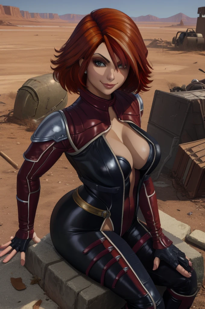 Mamiya, red hair,  brown eyes, 
shoulder pads, leather leotard,  cleavage, long sleeves, fingerless gauntlets,  hips, 
solo, sitting,  smile,  cowboy shot,  metal chair, 
wasteland, junk yard, 
(insanely detailed, beautiful detailed face, masterpiece, best quality),     