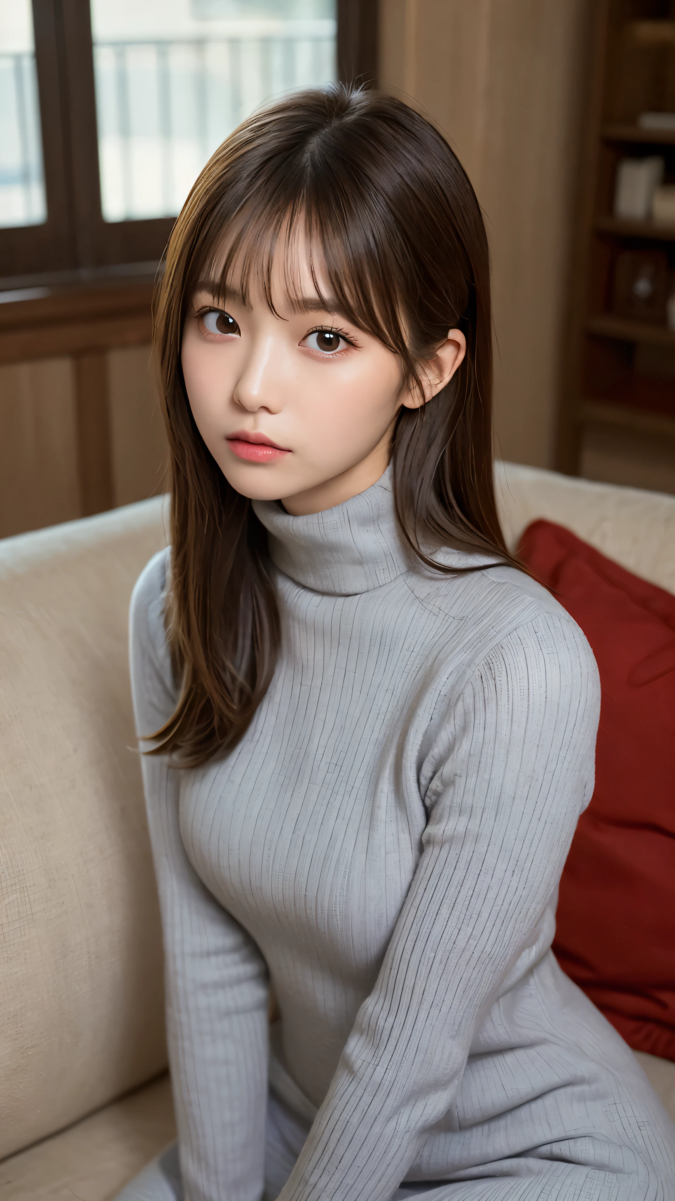 (masterpiece:1.5)、(realistic:1.5)、(highest quality:1.4、8K、RAW photo)、
ultra high resolution、professional lighting、perfect dynamic composition、Shot indoors、
film grain、chromatic aberration、(Bokeh:1.1)、
Frank、Sophisticated、charm、超realistic、high detail、golden ratio、
(1 girl)、slender girl、繊細でcharm女の子、cute woman:1.4、
serious expression、looking at the viewer、sculpture installation、Sit on the couch and relax、
light brown hair、shining hair、Hair style is ponytail、
skin that looks real、
close your mouth、fine eyes、double eyelid、thin arms、、
(She is wearing a ride gray turtleneck rib sweater dress.:1.3)、(show thighs)