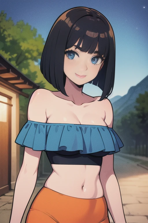 Gine, 1 girl, black hair, black eyes, bare shoulders, strapless, off shoulders, black ruffle off the shoulder top, black maxi dress, close up headshot, intricate details, sharp focus, high resolution, the background of beautiful park with trees and canals, beautiful sunny day, seductive smile