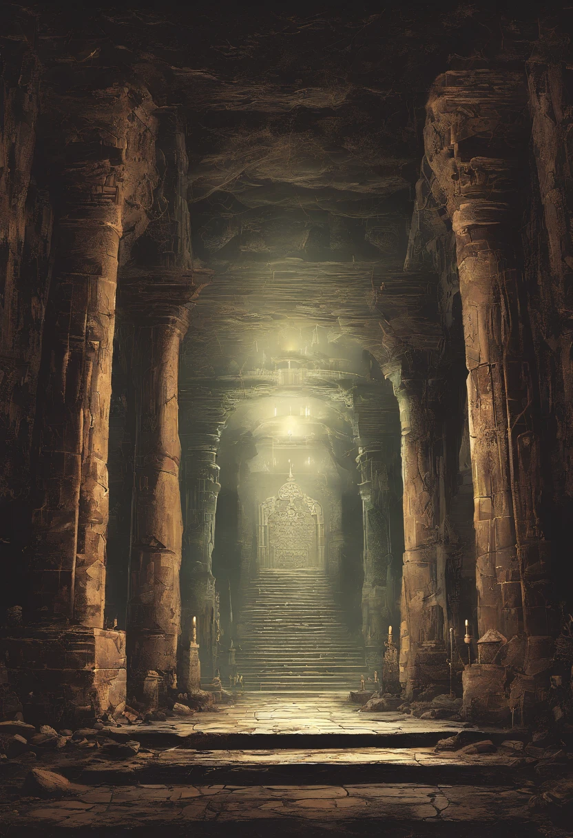 黑暗幻想Art。Art,Archeology Oriental Tomb,mysterious underground cave,Underground ruins,dungeon,Dark and damp underground tomb,hall with rough stone pillars,Mysterious symbols on the stone wall,The dim candlelight swayed gently,Tomb passage,