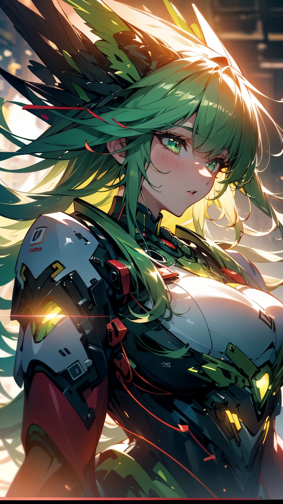 (UHD, retina, masterpiece, accurate, anatomically_correct, textured_skin, super_detail, high_details, high_quality, best_quality, high_res, 1080P, HD, 4K, 8k, 16k), (beautiful_detailed_eyes, beautiful_detailed_lips, extremely_detailed_eyes_and_face), soft_lighting, physically-based_rendering, vivid_colors, (large_breasts:1.5), (shiny_hair, shiny_skin, tanned_skin, blush), (bangs:1.5), eye_reflection, (bokeh), semi-profile_view, (light_green_light:1.5),