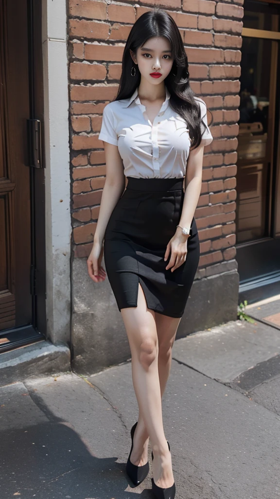 นักศึกษาthailand, woman, half-caste, thailand, Japan, Korea, Height 173 centimeters, ((stand)), (Beautiful face, แต่งBeautiful face, Double eyelids, red lips), (black hair, long hair long hairมาก, long hairตรง, long hair, flowing smoothly), (womanที่สวยงาม, The texture is realistic., white short sleeve shirt thin shirt), (Huge breasts, Breast augmentation, เต้าBig tits, Big tits), (short black pencil skirt, Very short, Side incision, กระโปรงพร้อมเข็มขัดwoman, tight), (Symmetrical shape, sexy figure, small waist, Long legs, Pitch black high heels, earring, Put on a watch, chest brooch), full body photo, Look at every part of the body., university backdrop,