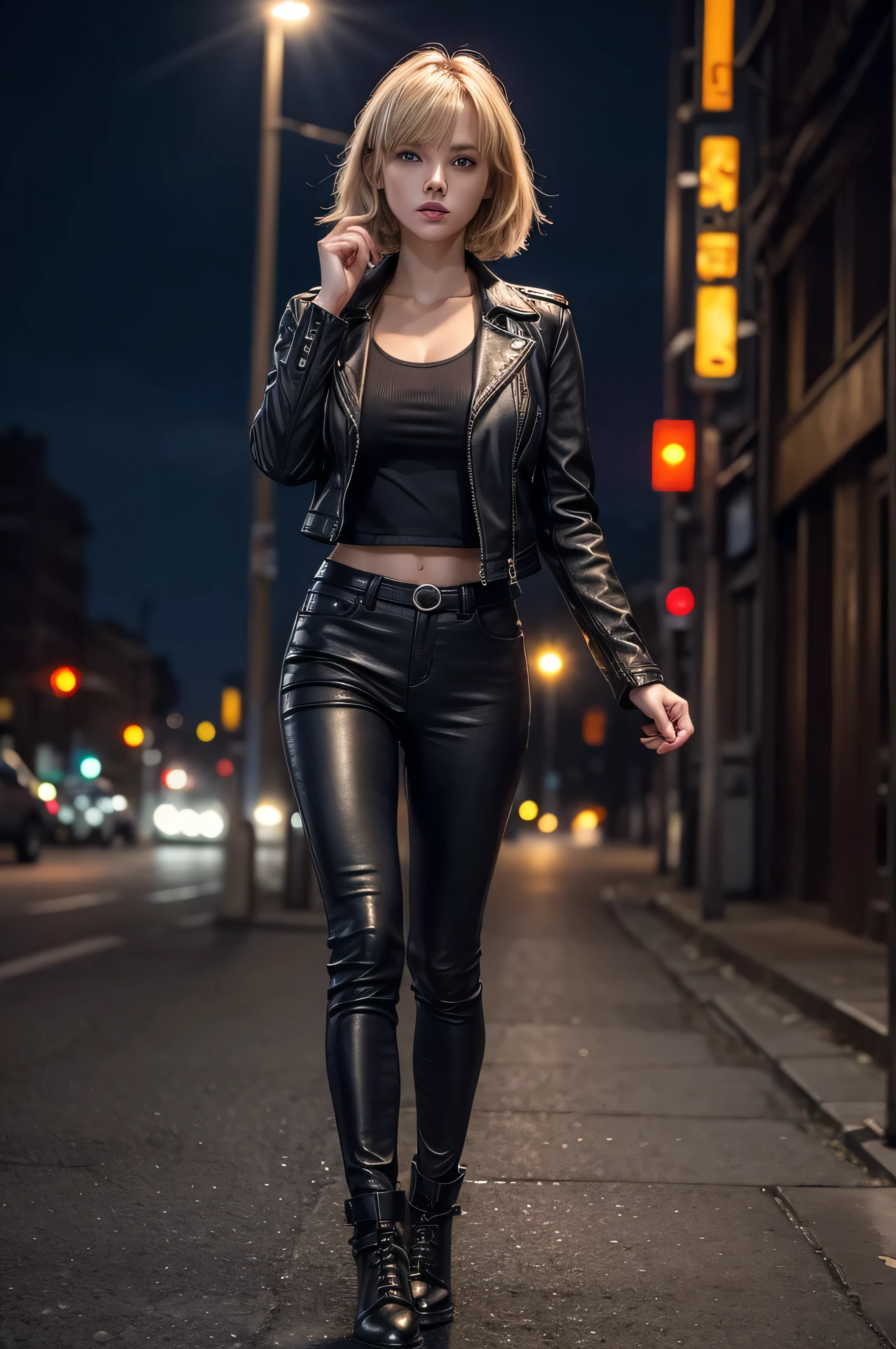 full body Realism, -yeld gi short boyish blond hair, bangs falling on her face, blue eyes, slightly open mouth, red lips, beautiful hairstyle, light makeup, round breasts, in a leather jacket, tight leather pants, beautiful shoes on her feet, walking city street in the background , detailed appearance, detailed hairstyle, detailed environment, detailed background, dark futuristic dead city in the background, the photo was taken with a photorealistic SLR camera, resolution full hd, 8K